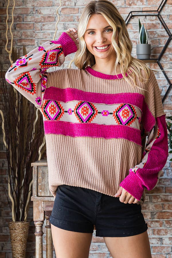 Taupe + Pink Aztec Sweater